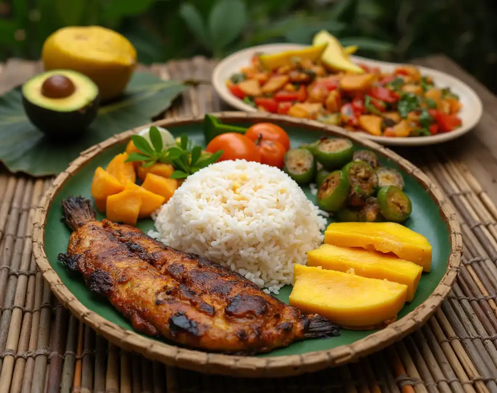Is Philippine Food Healthy? 4 A traditional Filipino meal spread on a bamboo table.