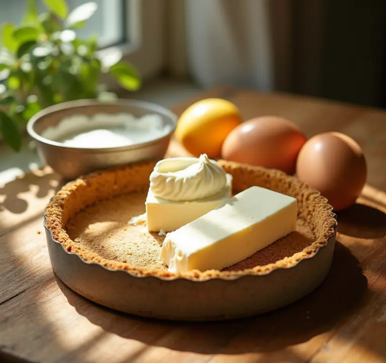 Ingredients for classic cheesecake arranged on a wooden table.