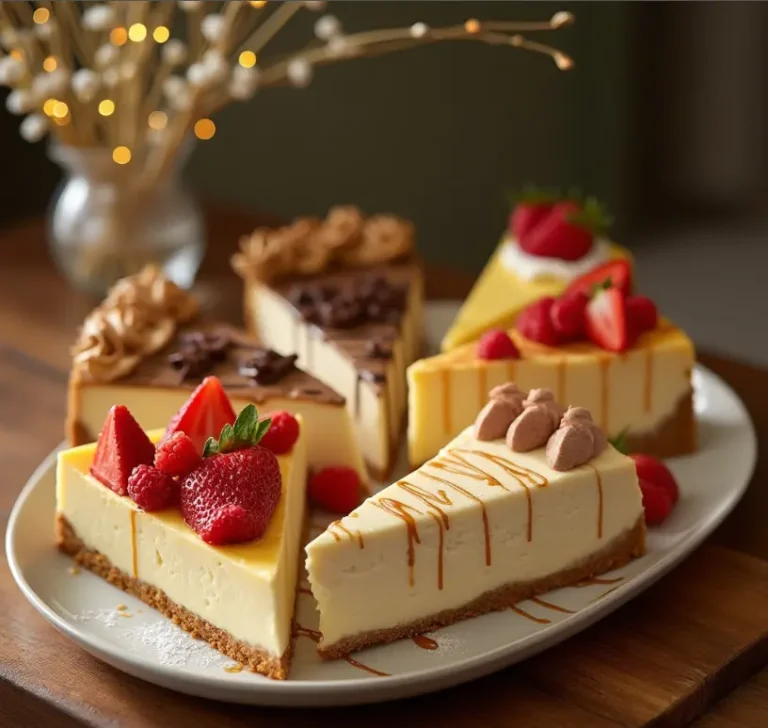 A selection of cheesecake slices featuring various flavors like chocolate, strawberry, and vanilla.