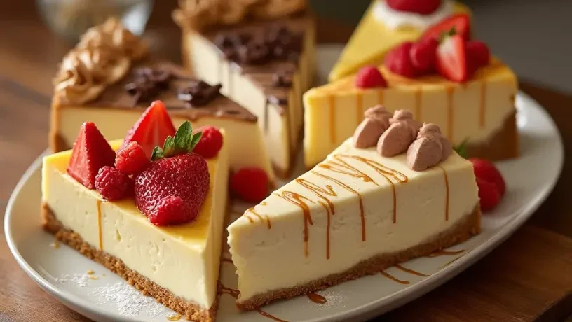 A selection of cheesecake slices featuring various flavors like chocolate, strawberry, and vanilla.