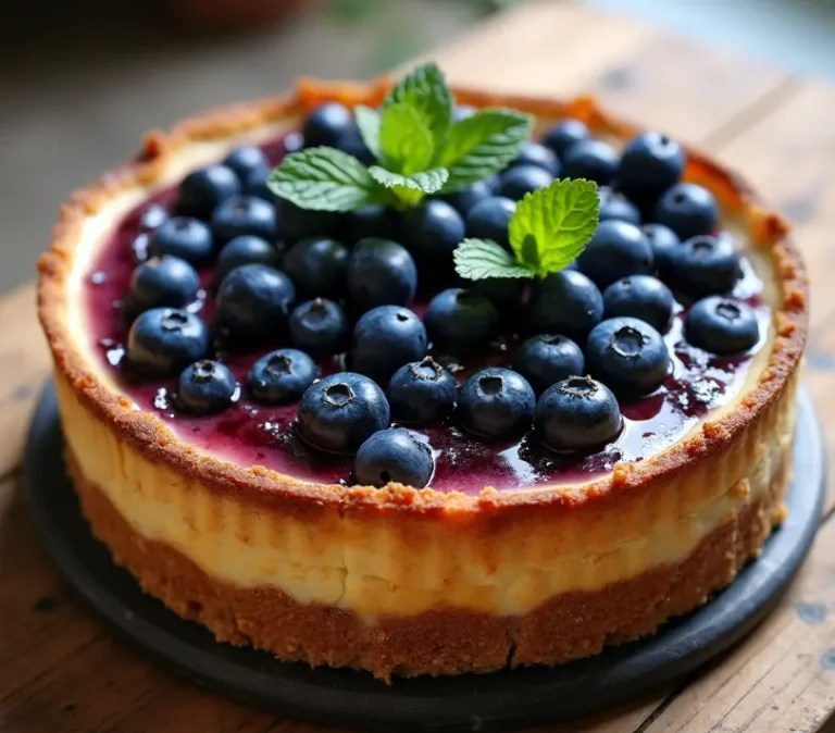 Classic Blueberry Cheesecake on a Wooden Table