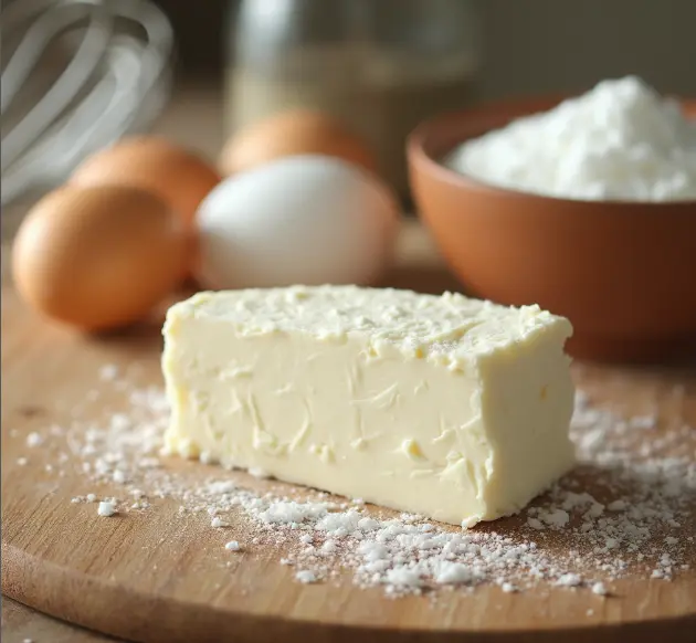 A block of cream cheese with cheesecake ingredients on a kitchen counter.