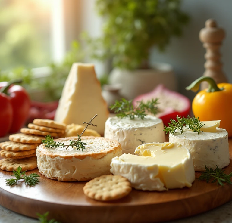 Various types of cream cheese on a wooden board.