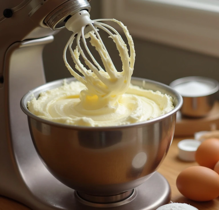 A mixing bowl with softened cream cheese being beaten.