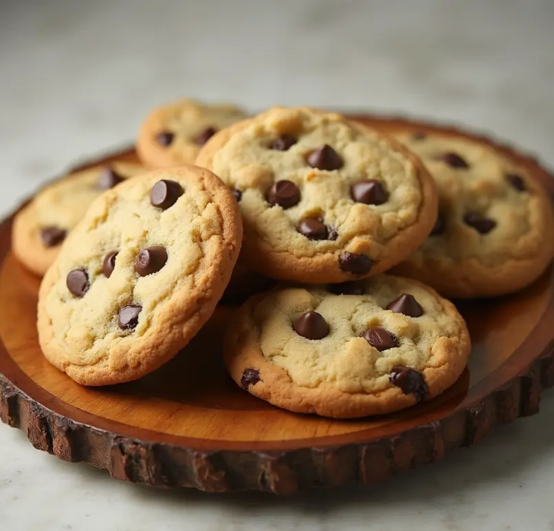 Freshly baked small batch chocolate chip cookies on a rustic wooden tray.