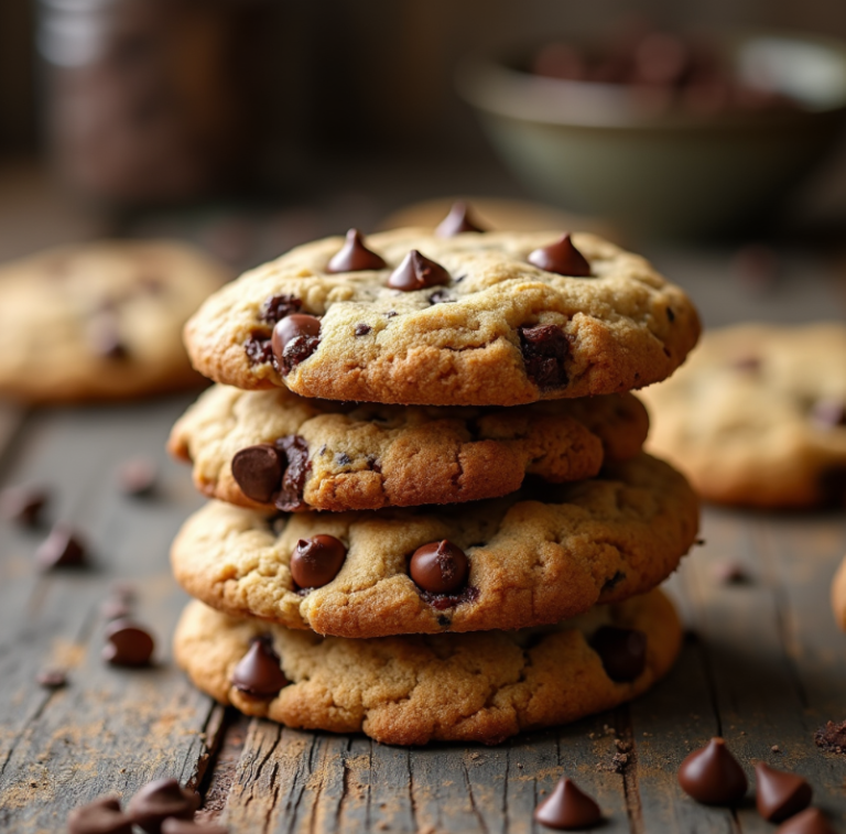 A stack of chocolate chip cookies on a rustic wooden table.