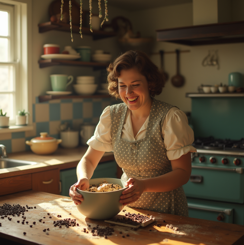 A 1930s kitchen with a woman baking cookies.