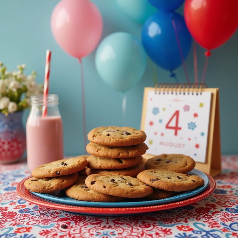 A festive scene with chocolate chip cookies and decorations.