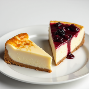 A slice of New York cheesecake and classic cheesecake side by side on a white plate.