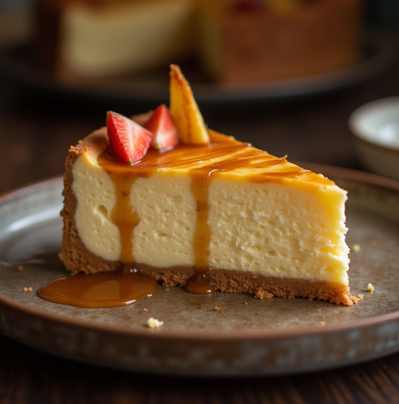 A close-up of a slice of New York cheesecake showing its dense and creamy texture.