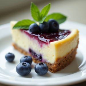 A slice of blueberry cheesecake on a white plate