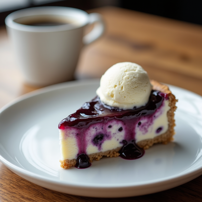 A slice of blueberry cheesecake elegantly styled on a white ceramic plate, topped with a scoop of vanilla ice cream, placed next to a steaming cup of coffee, all captured in soft natural daylight.