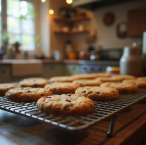 Chocolate chip cookies on a cooling rack in a warm kitchen.