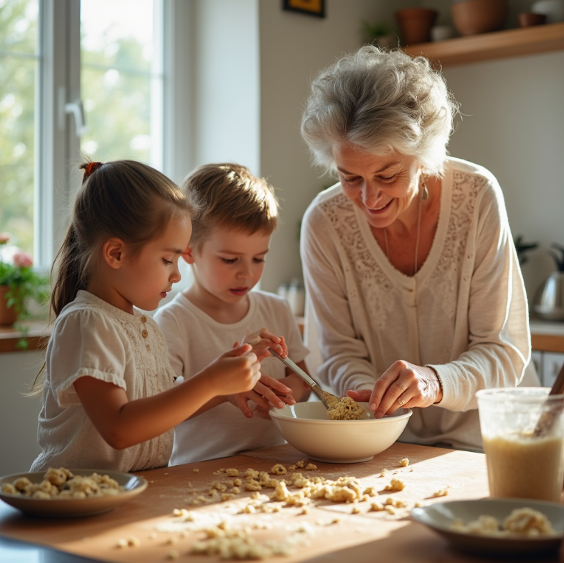 An elderly woman baking chocolate chip cookies with her grandchildren in the kitchen.