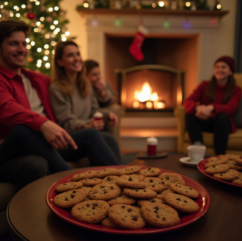 A scene from a holiday movie featuring chocolate chip cookies on a table.