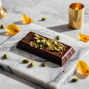 A luxurious chocolate bar infused with Middle Eastern flavors, garnished with pistachios and saffron.