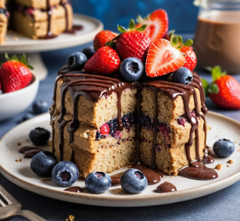 Protein cake on a plate with chocolate drizzle and fresh berries