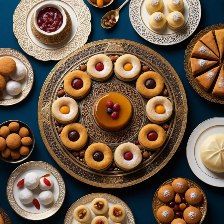 A selection of traditional Arabic desserts like Baklava, Kunafa, and Ma'amoul, presented elegantly.