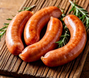 Turkey sausage links with fresh herbs on a wooden board.