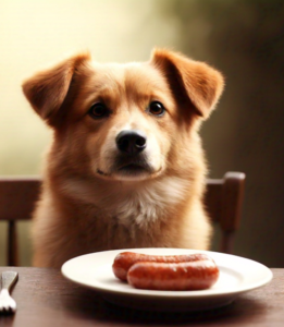 A curious dog looking at a plate of turkey sausage.