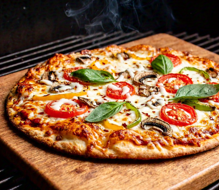 Wood-fired pizza being cooked on a grill.