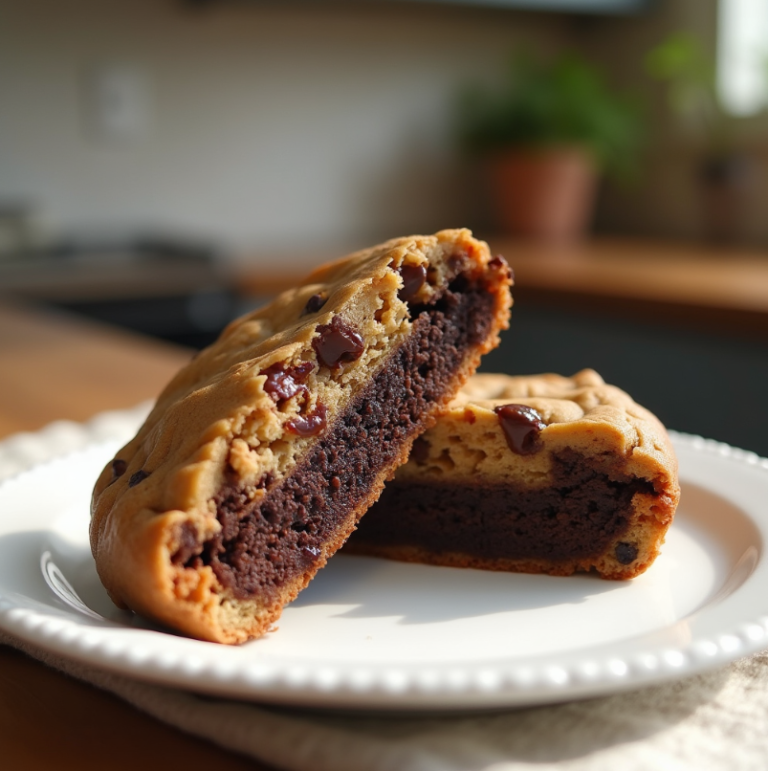 A brookie cut in half revealing its brownie and cookie layers.