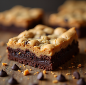 A freshly baked brookie sliced to reveal the fudgy brownie base and cookie top