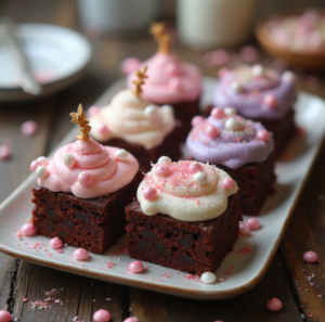 A platter of beautifully decorated fairy brownies with pastel frosting and edible glitter.