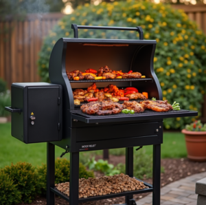 Wood-fired Traeger grill with assorted grilled meats and vegetables