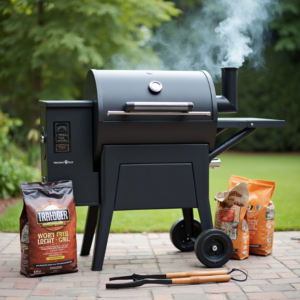 A Traeger grill with wood pellets and grilling tools.