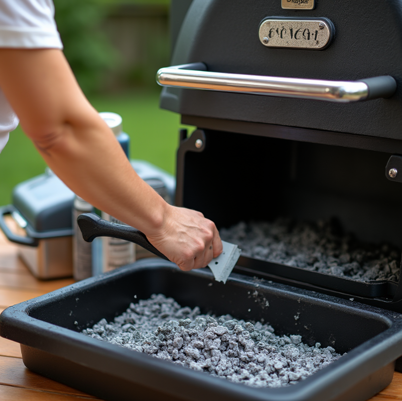 A person cleaning a Traeger grill with tools and ash around.