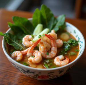 A steaming bowl of sinigang with vegetables and shrimp.