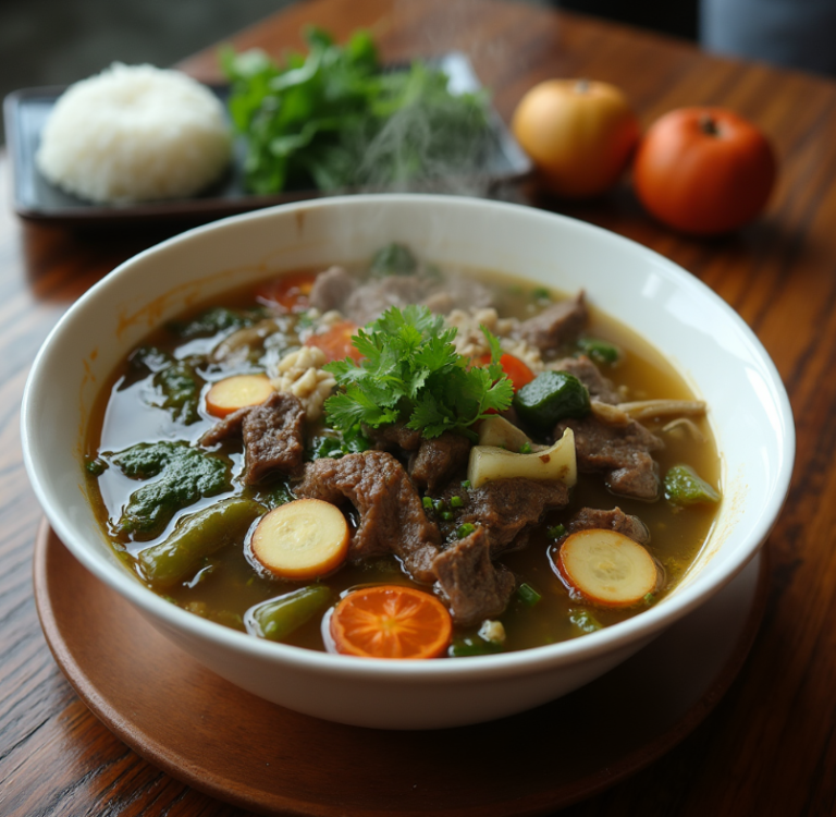 A steaming bowl of Filipino beef sinigang with vegetables and rice.