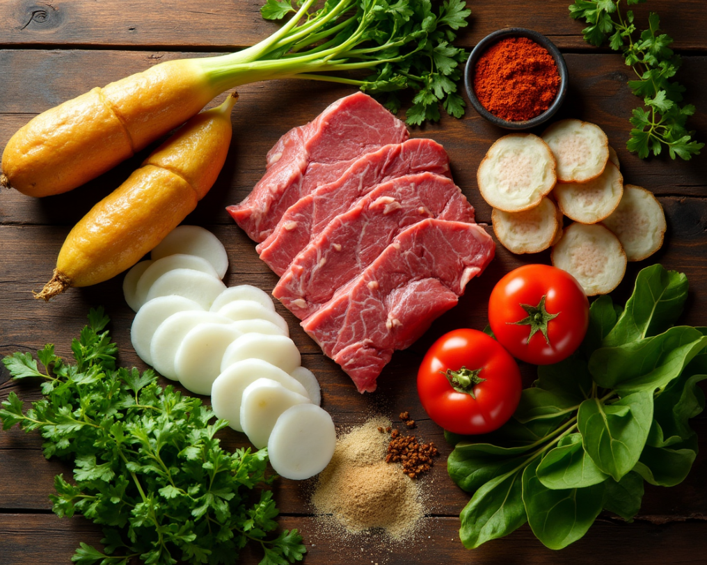 Ingredients for sinigang laid out on a wooden table.