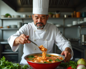 A chef preparing sinigang soup with lean protein and fresh vegetables for diet