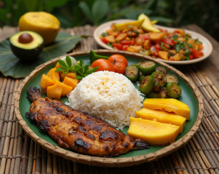 A traditional Filipino meal spread on a bamboo table.