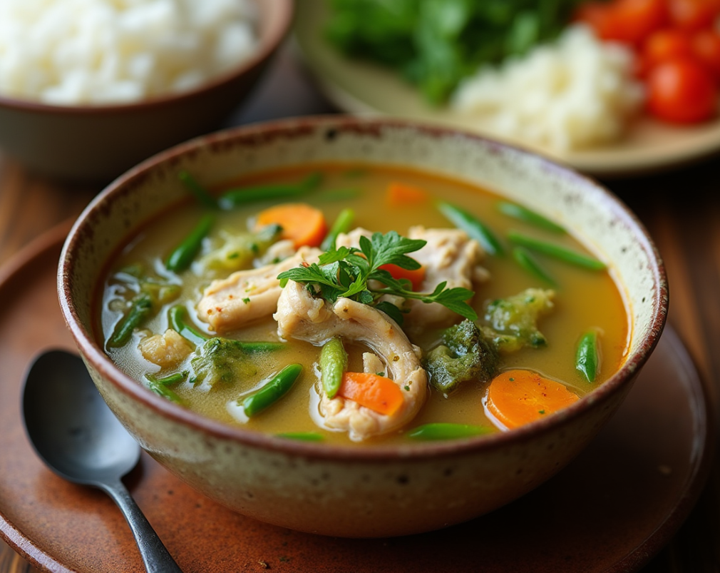 A bowl of tinola served with rice and a side of fresh vegetables. Philippine food