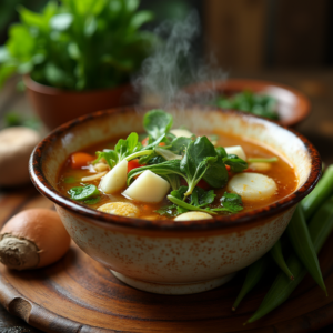 A vibrant bowl of sinigang highlighting vegetables.