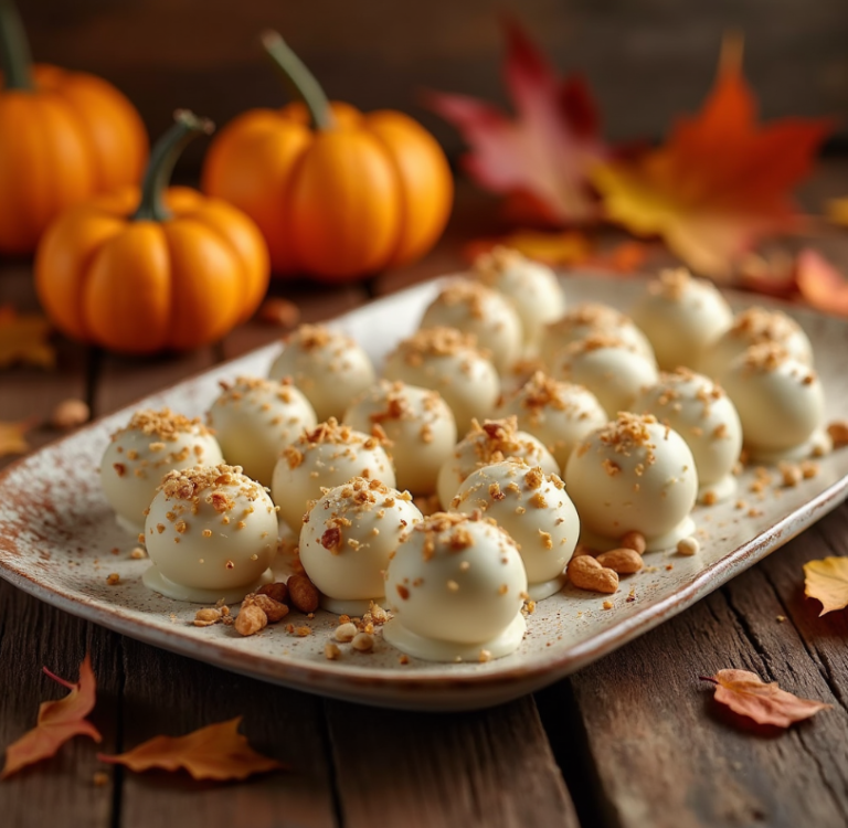 No-bake pumpkin cheesecake balls arranged on a fall-themed platter