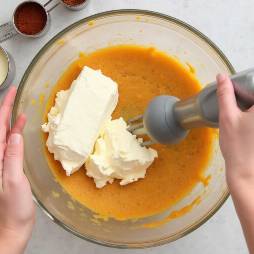 Mixing cream cheese and pumpkin puree in a large bowl.