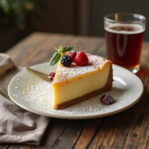 A perfectly baked cheesecake with a golden crust.