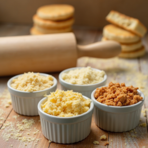 Different types of crumbly biscuit base in bowls.