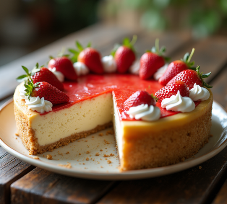 A cheesecake with a perfectly golden biscuit base topped with fresh strawberries and cream.