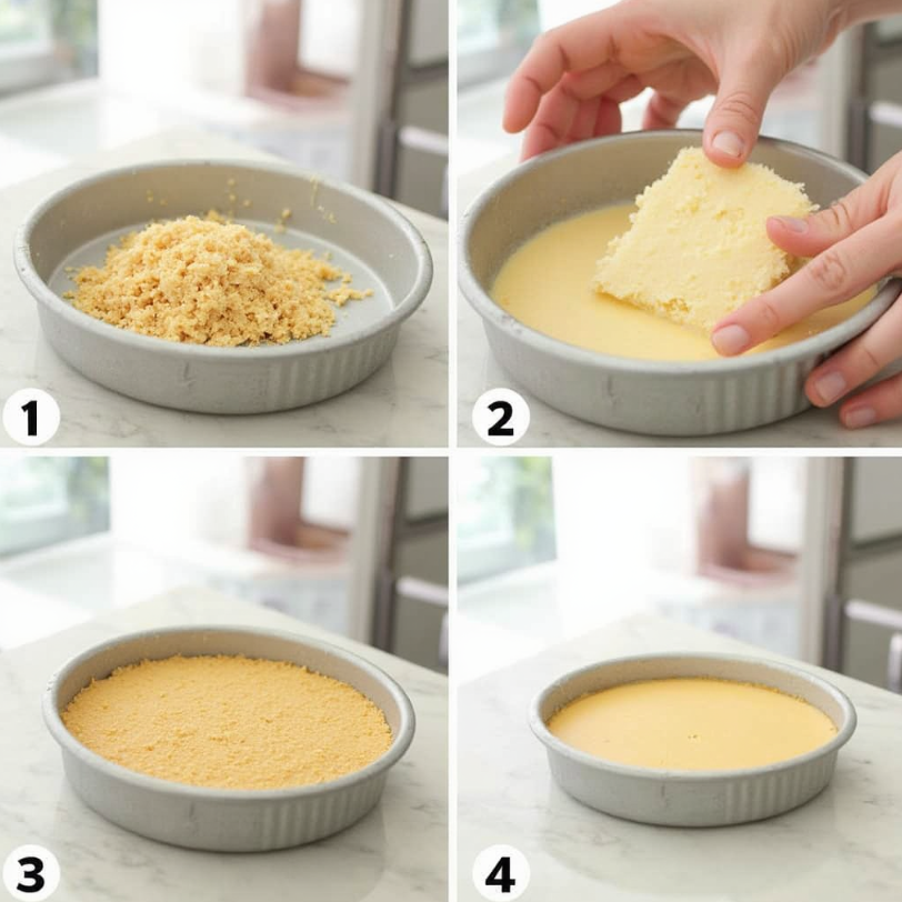 Step-by-step process of making a biscuit base for cheesecake.