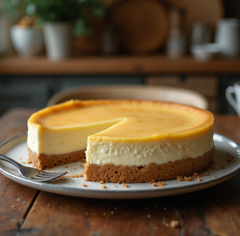 A luscious cheesecake with a golden, firm crust on a rustic wooden table.