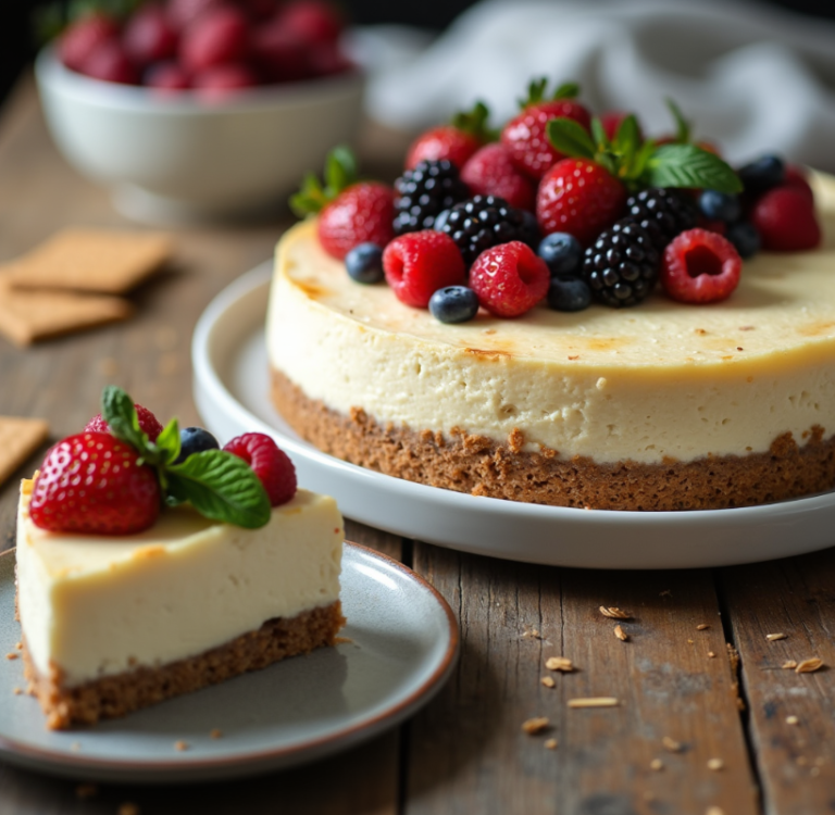 A creamy no bake cheesecake with a graham cracker crust, topped with fresh berries and mint leaves, served on a wooden table with a rustic background.