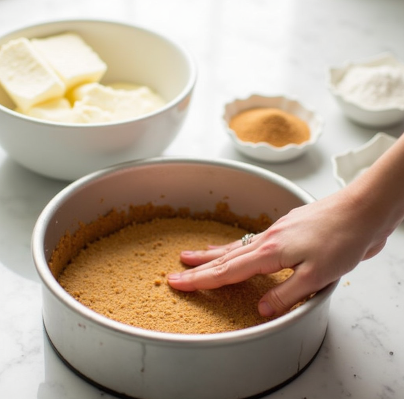 Ingredients for a no bake cheesecake, including cream cheese, powdered sugar, and graham cracker crumbs, with a hand pressing the crust into a springform pan.