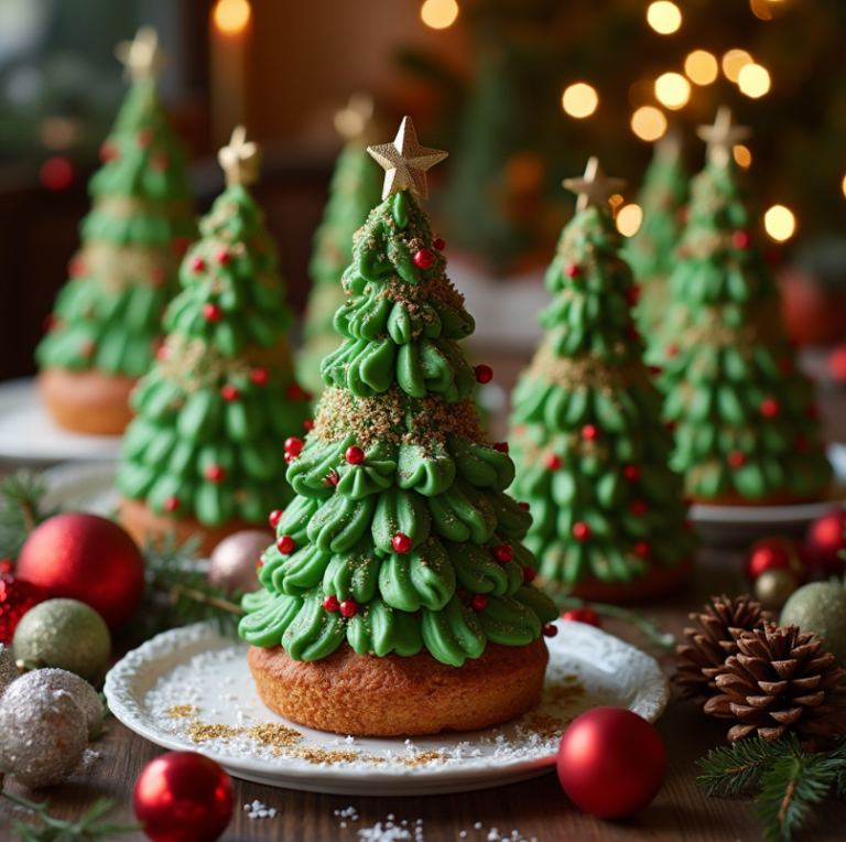 A beautiful display of Christmas Tree Cakes, decorated with green icing, red sprinkles, and edible stars, arranged on a festive holiday table.