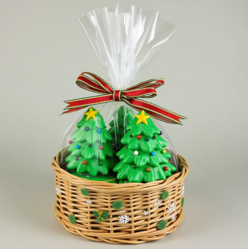 Individually wrapped mini Christmas Tree Cakes with festive ribbons and gift tags, placed in a decorative holiday basket.