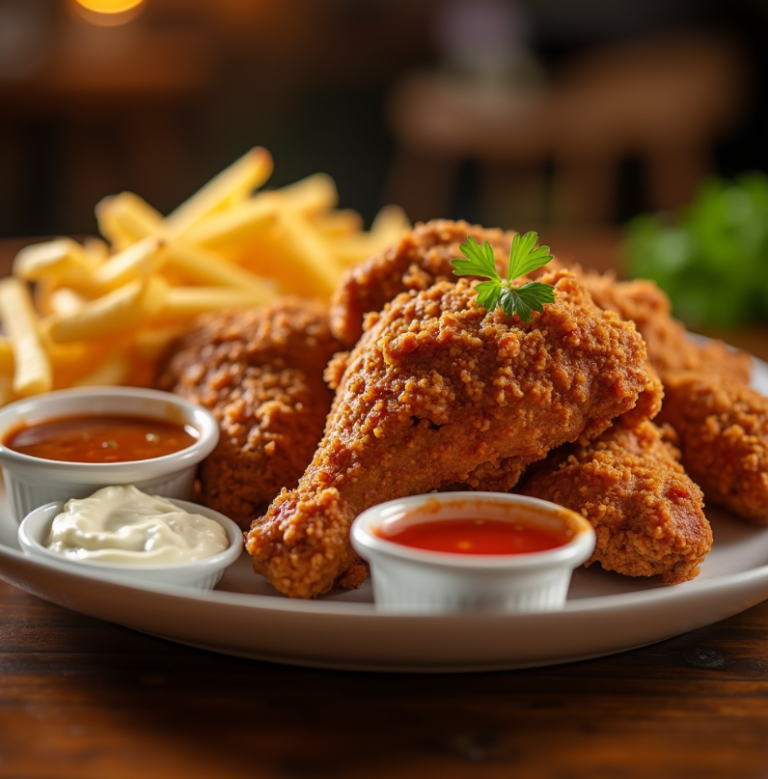 A platter of Crown Fried Chicken with golden, crispy chicken pieces, fries, and dipping sauces.